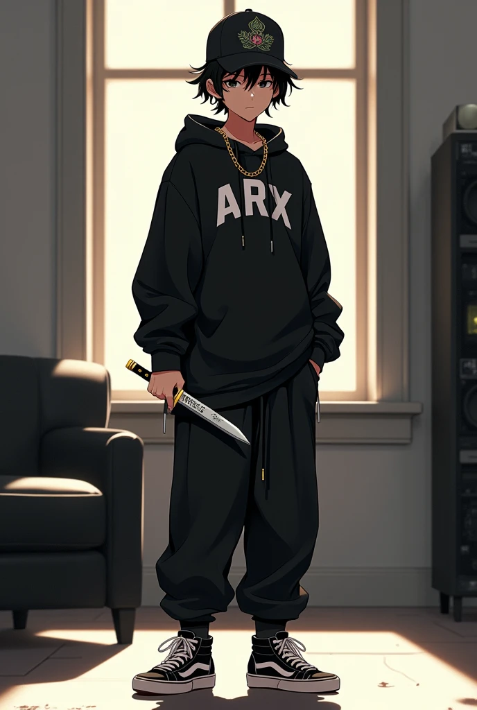 ager man, Hip hop style head cap with peacock print, black eyes, standing in a room with grey walls with black furniture and bright lights, slave chain with the initial Arx in gold, Loose black sweatshirt with a print in the center written ARX in white, long black pants and Nike Vans-type sneakers, interior, soft light, close relaxed pose, with a knife that says ANGEL on the handle, In the background a music system, anime realist, warm colors, by Greg Rutkowski, by Alphonse Mucha