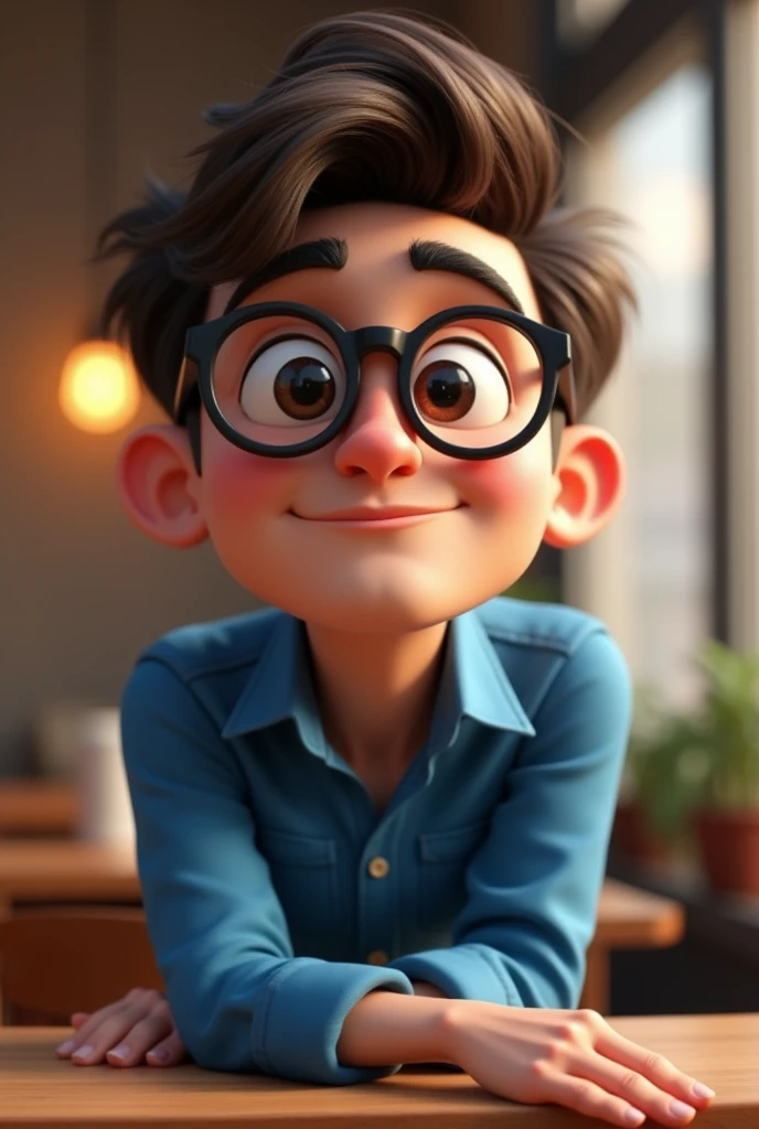 Cartoon character of a man in black glasses and blue shirt, an animated character, stylized character, animation style rendering, 3d stylized, Arnold Maya rendering, Stylized 3D rendering, toon render screenshot, 3d character, 3d character, Stylized 3D rendering, 3D character rendering, cartoon character, Personagem de close up, character posing, (Pixar-style) (master part:1.2) (bokeh) (best qualityer) (skin detailed) (detailed texture) (8k) (Argilla) (cinematic lighting) (sharp focus，Sit down and lift your upper body