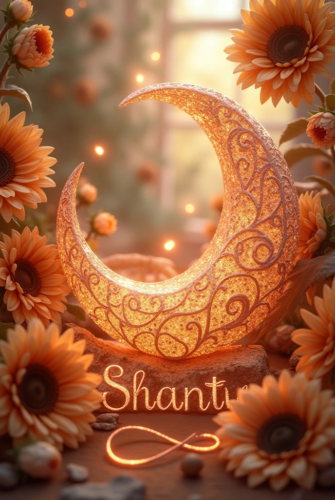  image of a crescent moon in 4dBaroque, with slats intertwining it, in rose gold tones, surrounded by beautiful sunflowers of different sizes, It is located in a tender space surrounded by bright and colorful lights., Below it is written the word SHANTY in cursive letters and delicate metallic tones