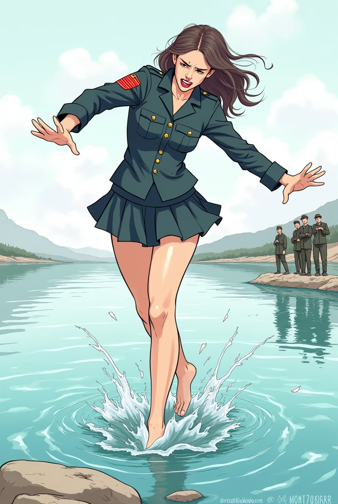 Create a lineart illustration Scene: Illustrate Marine with an expression of despair and confusion as she tries to walk on water. The background could show the lakeshore and the watchmen watching from a distance, while Marine is in a state of internal struggle, with the environment around her beginning to blur to emphasize her distorted perception.