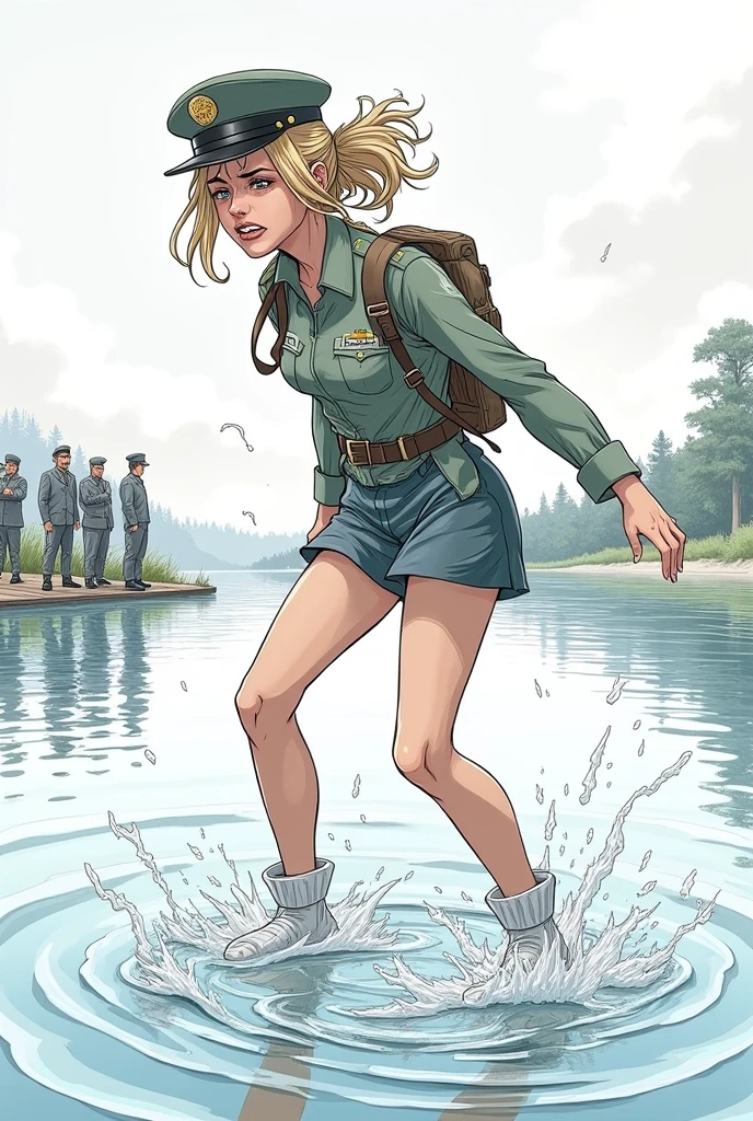 Create a lineart illustration Scene: Illustrate Marine with an expression of despair and confusion as she tries to walk on water. The background could show the lakeshore and the watchmen watching from a distance, while Marine is in a state of internal struggle, with the environment around her beginning to blur to emphasize her distorted perception.