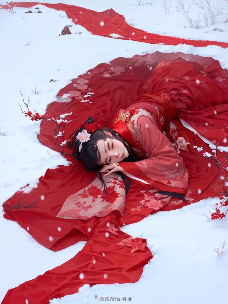 Giraffe woman in red dress lying on snow covered ground, inspired by Zhang Yan, with frozen flowers around her, Hanfu, in a red dream world, sha xi, inspired by Chen Yifei, Palace , a girl in Hanfu, Inspired by Tang Yifen, Jinna Zhang, inspired by Ma Yuanyu, inspired by Zhang Xuan
