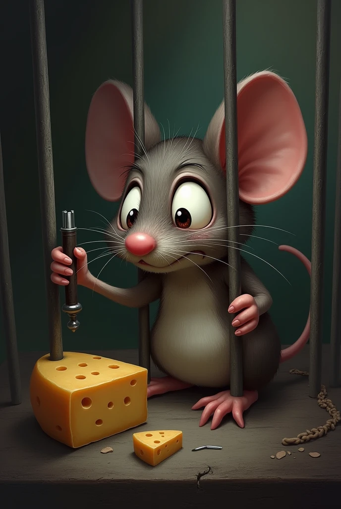 A mouse is sitting in a small cell with a tiny bed and a cheese wheel in the corner. It looks worried.
The mouse is holding a tiny file and is looking determined as it files through the bars of the cell.