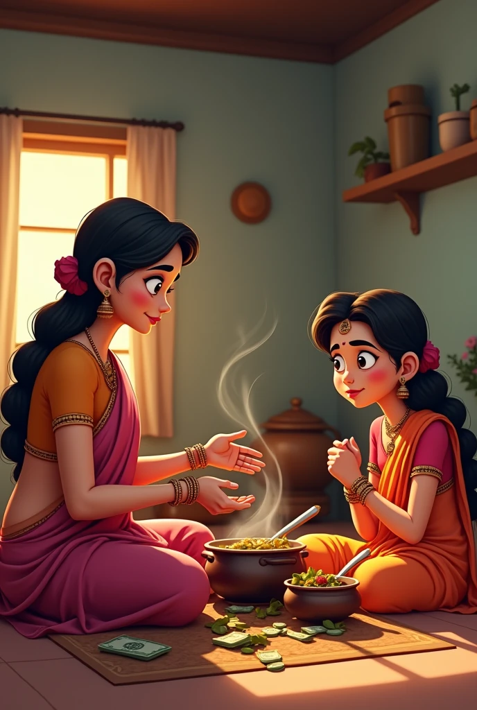 Creat cenematic cartoon style "Scene 2: Inside their cozy home
Background: A modest interior with a traditional Indian kitchen. There is a clay stove with pots and pans. The walls are adorned with simple decorations, and a small window lets in sunlight.
Action:
The Saas is cooking a meal, looking at the Bahu with a loving expression.
The Bahu is sitting nearby, with a disinterested look, glancing at her jewelry or money.