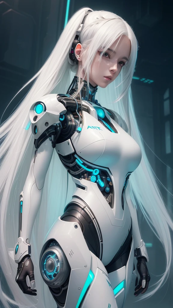 (Best quality, masterpiece, ArtStation, Sci-Fi Art:1.2), a beautiful cute girl, (long messy white hair), (detailed glowing cybernetic body:1.2)