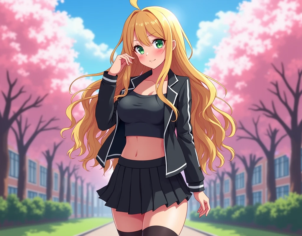 High-quality anime illustration of a charismatic 21-year-old female college student. Long, wavy golden blonde hair with exaggerated flow and shine, large emerald green eyes with stylized reflections and long lashes, full lips in a coy smile. Anime-styled beautiful face with a slender nose and defined jawline. Curvy figure with 34D breasts, emphasized by a form-fitting top and fashionable short jacket. Trendy, slightly provocative college outfit including a pleated skirt and thigh-high socks. Standing confidently with one hand on hip, other hand playing with a strand of hair. Background shows a stylized university campus with cherry blossom trees in full bloom.