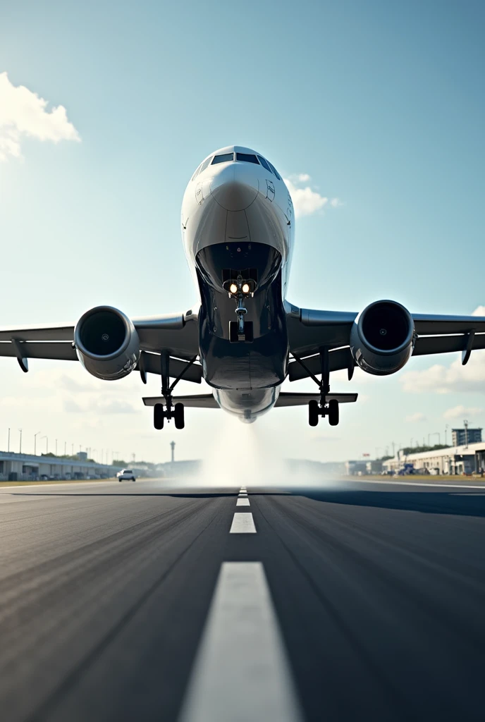 A plane is taking off where runway is visible and tires are visible from a side angle