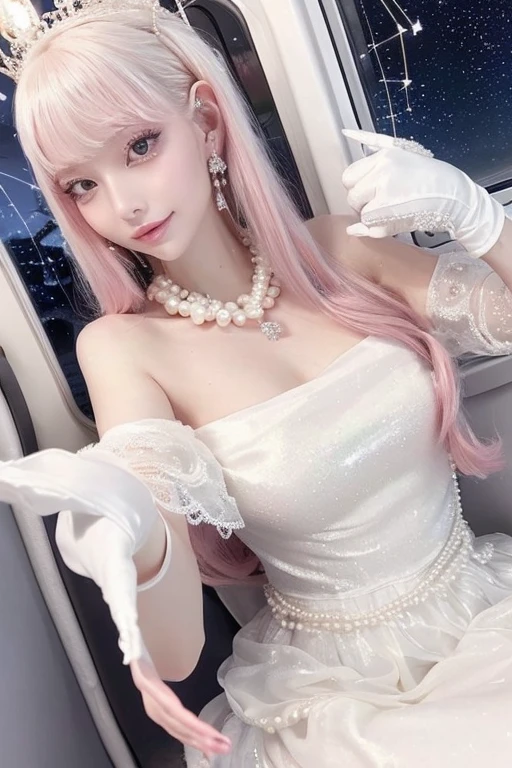 (8K, Top quality, masterpiece:1.2), (Realist, Photorealistic:1.37), Super Detail, A girl,), (Very detailed), (Beautifully detailed eyes), (Highest quality), (Very detailed ), (masterpiece), (Delicate face),20 years old, ,1 girl, ((Pink Hair,Long hair)), Medium breasts, wearing clothes, Perfect lighting, rest, (Elegant white dress:1.5), Goddess-like, (Long moving train:1.3), (Luxurious silk:1.2), (Shiny satin:1.2), (Exquisite organza:1.2), (Exquisite embroidery:1.2), (Dazzling pearls:1.2), (shiny sequins:1.1), (Off-the-shoulder corset:1.1), Romantic, (Thin waistband:1.1), (Elbow-length long gloves:1.1), (Exquisite crown:1.1), statement earrings, Pearl Necklace, (Stilettos:1.1), Transparent socks, rest, (Elegant Posture:1.2), ( Upper body to thigh:1.1), (long Pink Hair:1.2), wave, (Smile:1.1), (Crab constellation:1.3), (Mysterious night sky:1.4), (Soft lighting:1.2), (sharp contrast:1.2)