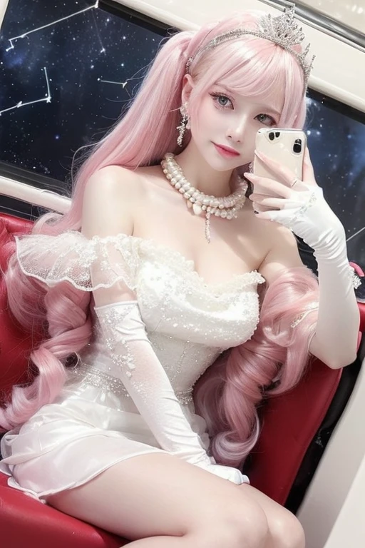 (8K, Top quality, masterpiece:1.2), (Realist, Photorealistic:1.37), Super Detail, A girl,), (Very detailed), (Beautifully detailed eyes), (Highest quality), (Very detailed ), (masterpiece), (Delicate face),20 years old, ,1 girl, ((Pink Hair,Long hair)), Medium breasts, wearing clothes, Perfect lighting, rest, (Elegant white dress:1.5), Goddess-like, (Long moving train:1.3), (Luxurious silk:1.2), (Shiny satin:1.2), (Exquisite organza:1.2), (Exquisite embroidery:1.2), (Dazzling pearls:1.2), (shiny sequins:1.1), (Off-the-shoulder corset:1.1), Romantic, (Thin waistband:1.1), (Elbow-length long gloves:1.1), (Exquisite crown:1.1), statement earrings, Pearl Necklace, (Stilettos:1.1), Transparent socks, rest, (Elegant Posture:1.2), ( Upper body to thigh:1.1), (long Pink Hair:1.2), wave, (Smile:1.1), (Crab constellation:1.3), (Mysterious night sky:1.4), (Soft lighting:1.2), (sharp contrast:1.2)