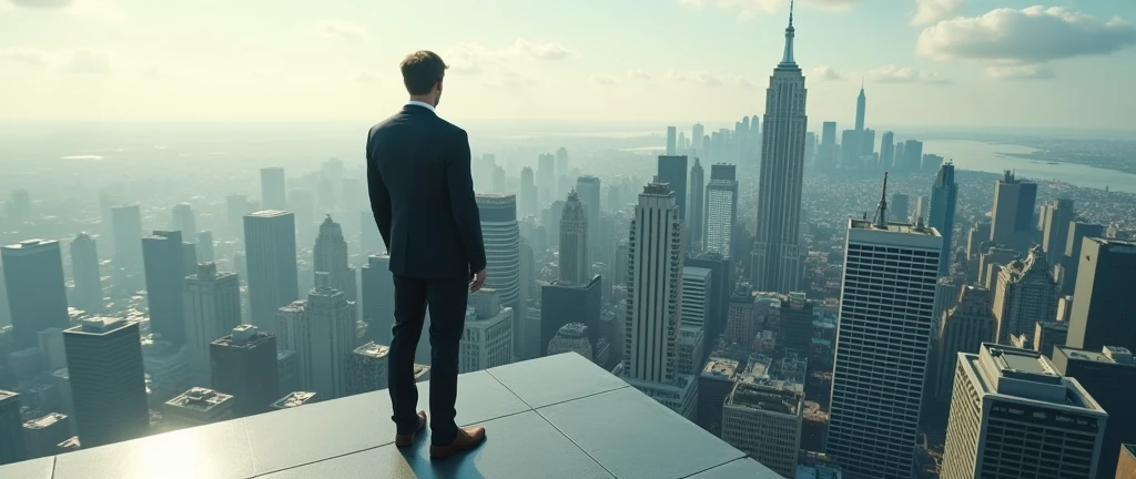 High-quality render of a вид с крыши небоскрёба. First person view of a man standing on the edge of a roof.