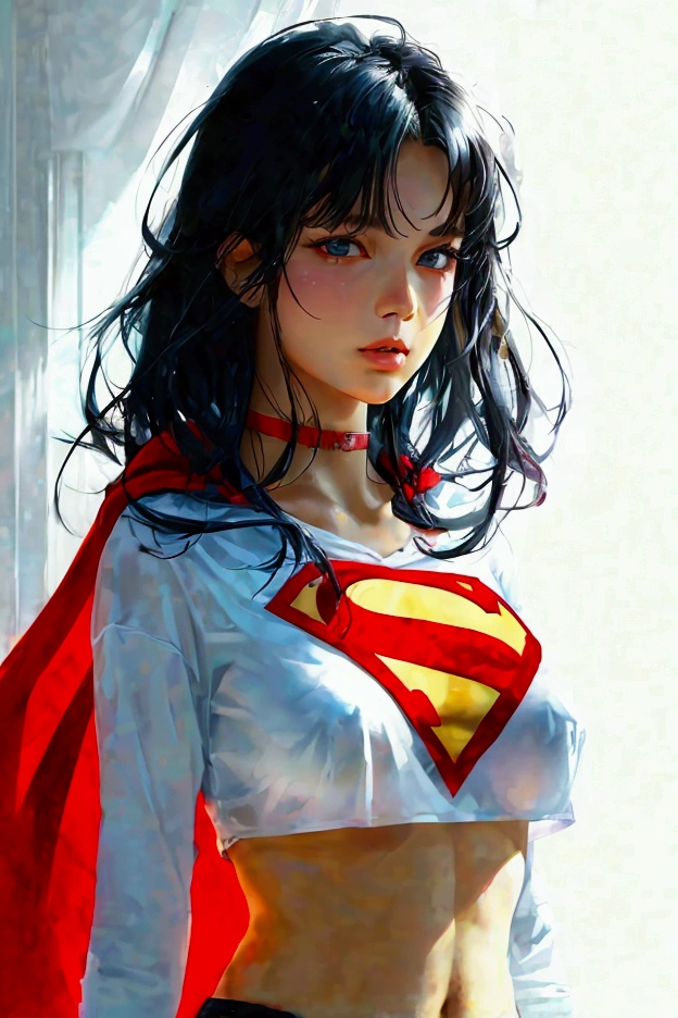 Nipples, visible from a white shirt (((masterpiece, highest quality)), no panties, wearing Supergirl costume, 1 girl, (photorealistic: 1.4), solo, white background, black hair, long hair, absolute area, skirt, ((full body)), HD, high quality, very detailed, hyper realistic