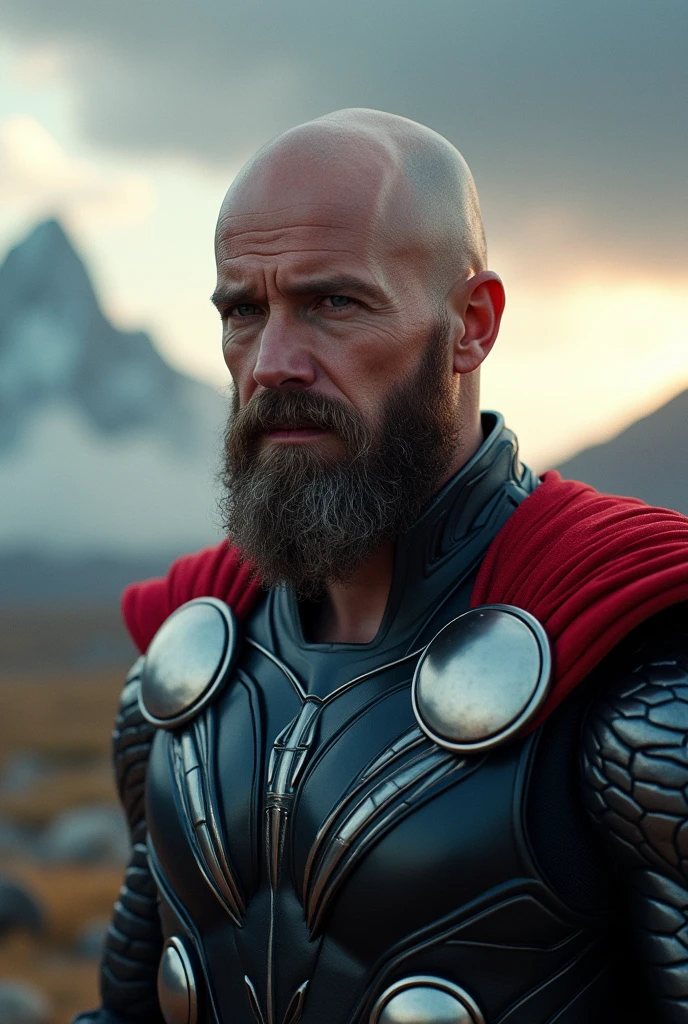 a bald man with a short beard, Thor in a dramatic sci-fi pose, detailed portrait, intricate futuristic armor, cinematic lighting, epic sci-fi landscape, dramatic clouds, volumetric lighting, hyper detailed, photorealistic, 8k, masterpiece