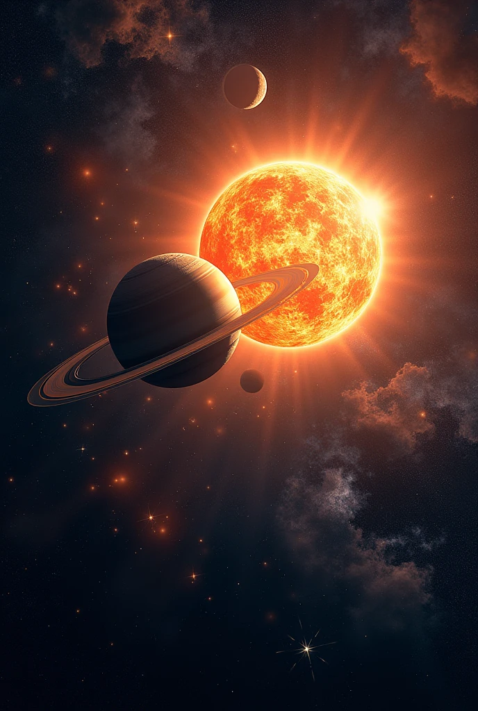 Show the universe with stars, Mond, sun , Saturn