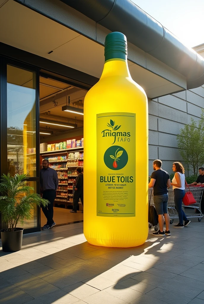 an inflatable olive oil bottle, at the door of a supermarket, customers entering with the shopping cart, big doors, photo taken from the outside, sunshine light, high qualiy