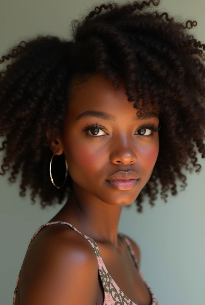 A brown girl with thick curly hair and big full lips and big eyes with an oval face