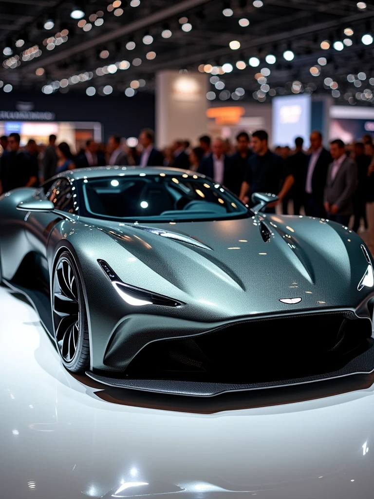 Aston Martin hypercar prototype in auto expo, include hyper realism, hd, 4k.