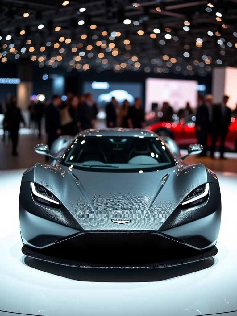 Aston Martin hypercar prototype in auto expo, include hyper realism, hd, 4k.