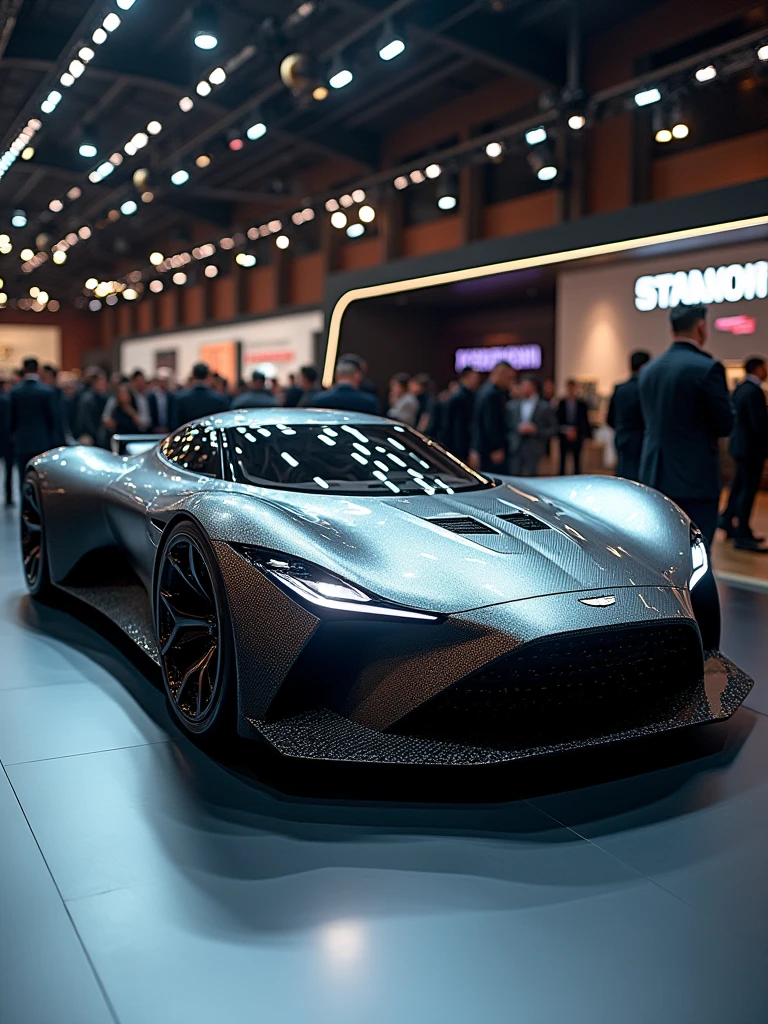 Aston Martin hypercar prototype in auto expo, include hyper realism, hd, 4k.