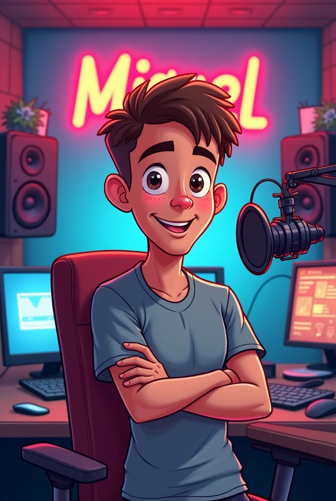 I have a friend named Miguel who I need you to take a picture of in a recording booth. He has short hair and a thick build because he exercises and I need his name Miguel to be seen in the background of the recording. He is light-skinned, does not have a beard or anything like that, whatever color he is., and have a shirt, and normal clothes, a more lively image, Let it be cartoonish 
