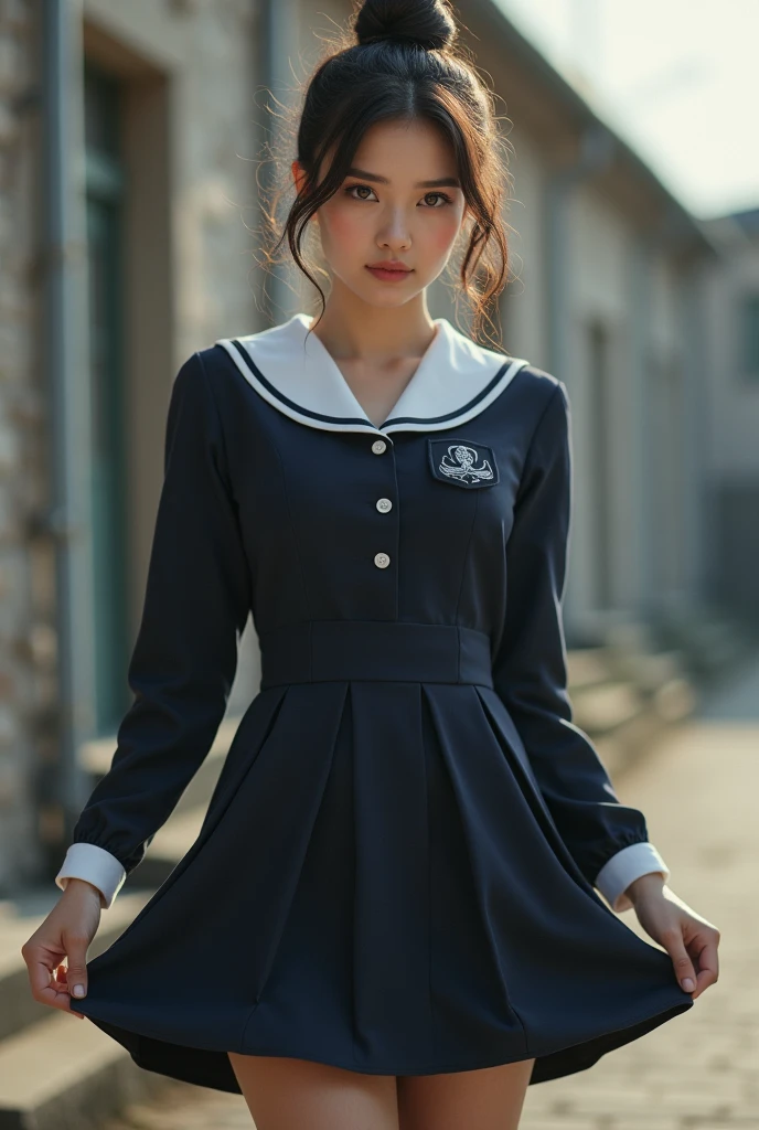 A 18-year-old woman in a Soviet school uniform with a white apron. Her uniform consists of a simple dress, a feminine navy blue or black color, with a white collar and cuffs. There may be a school badge on the chest. She can wear high white socks and black shoes. The hair is neatly combed or gathered into a bun. A girl in a Soviet school uniform looks depraved and vulgar, perfect face, large breasts, seductive face, ((sovietForm)), no panties, windlift, underwear, 1girl, solo, no, panties, clothes, lift, dress, lifted, by, self, skirt, standing, outdoors, pubic, hair, public, indecency, exhibitionism, bottomless, cameltoe, pussy, fl9shingtits, showing, boobs,