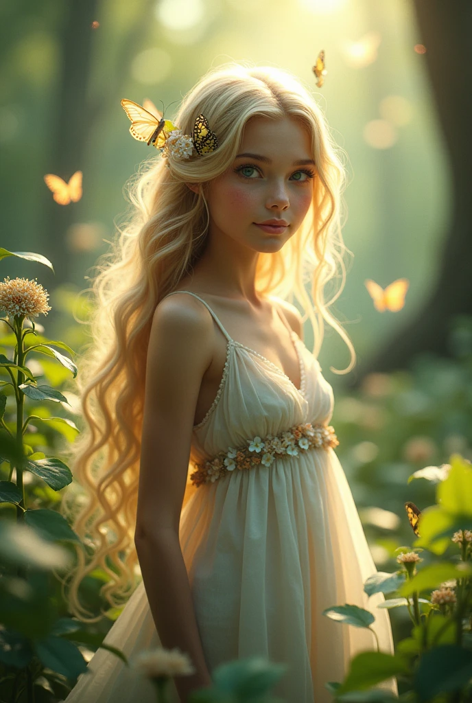 a beautiful fae girl, delicate facial features, large crystal blue eyes, long eyelashes, small nose, full pink lips, pale flawless skin, long wavy blonde hair, wearing a flowing white dress, standing in a lush green forest with sunbeams shining through the trees, butterflies fluttering around, detailed cinematic lighting, high fantasy, vibrant colors, 8k, photorealistic