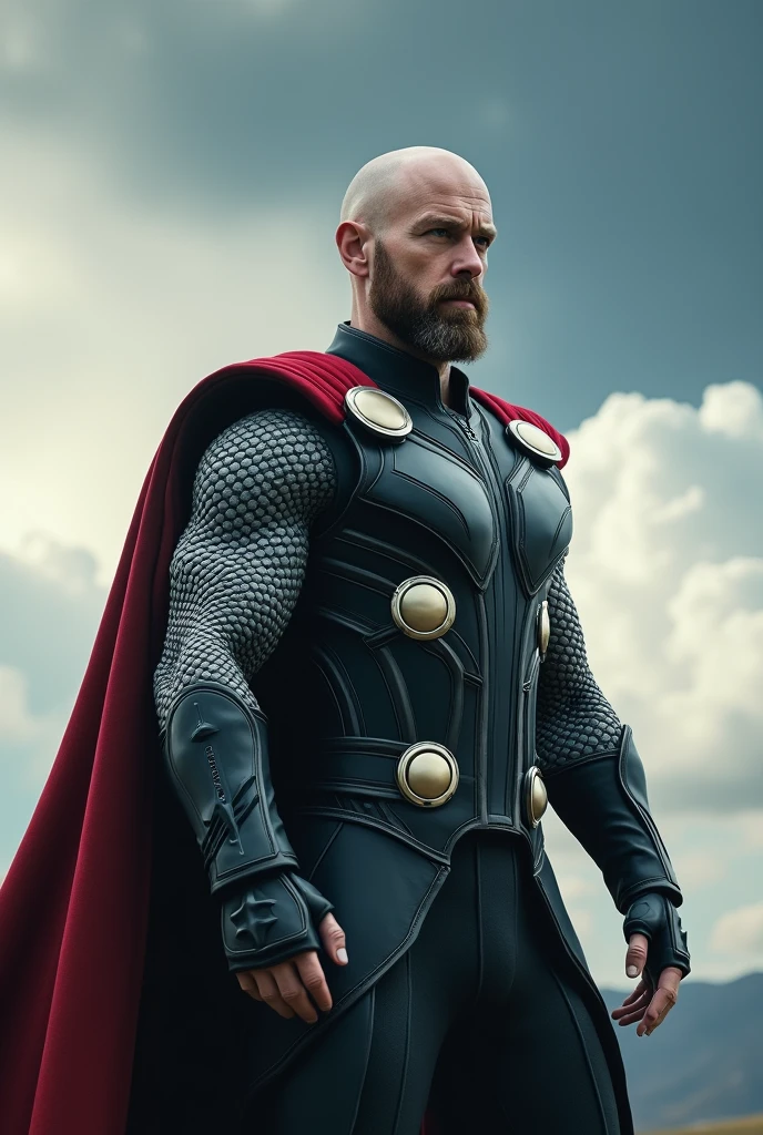 full body pose of a bald man with a short beard, Thor in a dramatic sci-fi pose, detailed portrait, intricate futuristic armor, cinematic lighting, epic sci-fi landscape, dramatic clouds, volumetric lighting, hyper detailed, photorealistic, 8k, masterpiece