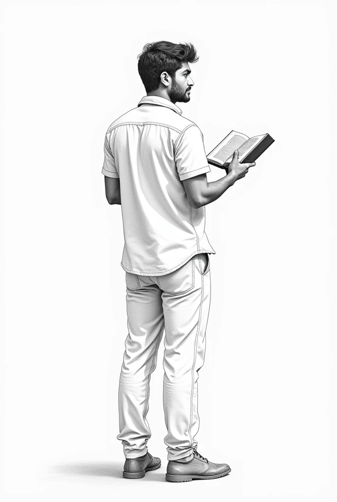 an indian man wearing shirt pant standing showing back. he holdings a book in his one hand. pencil sketch