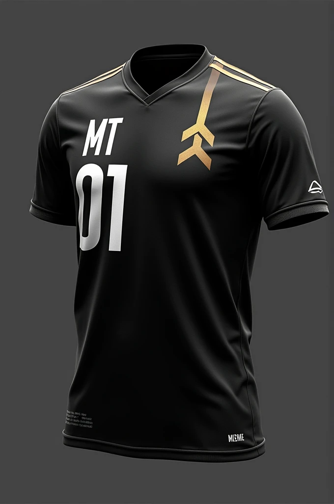 A team shirt in black with white and grey and some gold details with the word MT 01 written on it,  on the left side of the shirt,  an original model 
