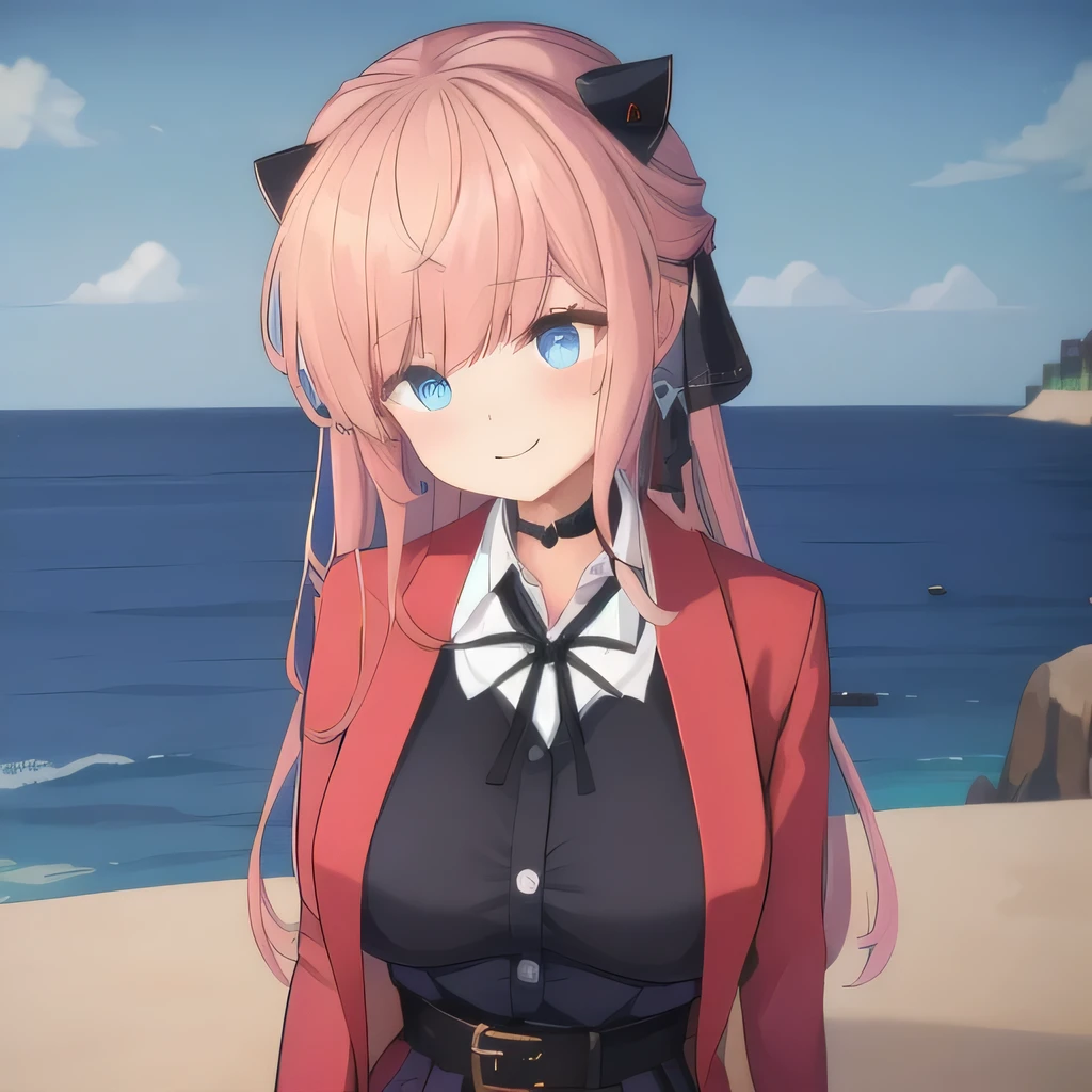 ((masterpiece)),(best quality),official art,extremely detailed CG,unity 8k wallpaper,ultra detailed,A lighthouse on a cliff by the sea,1girl,solo,upper body,(portrait:1.2),looking at viewer,Vivi(v atmi),neck ribbon,blue eyes,shirt under dress,hair ribbon,horns,long hair,white_button,smile,collared shirt,black thighhighs,red coat,choker,black gloves,pink hair,black ribbon,black belt,white shirt,large breasts,bangs,zettai ryouiki,black dress,black footwear,boots,long sleeves,sidelocks,