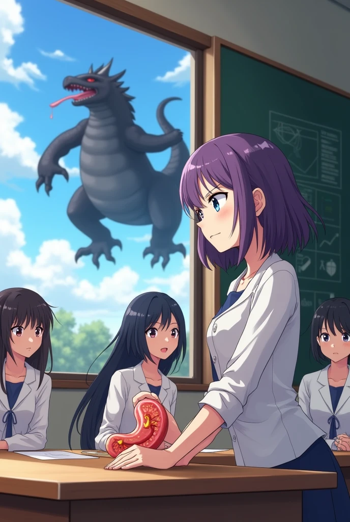 A purple-haired Japanese girl, Shun, a college student, is in a classroom. She is studying the digestive system. :: There are five other female students. :: 1 Japanese female teacher  :: The board has a picture of the stomach. :: There is a model of a stomach on the table. :: She looked out the window. :: There was a black dragon in the sky with four feet, a long tongue, and a mouth full of saliva. , Have wings , Big belly (((full body))) (((realistic)))