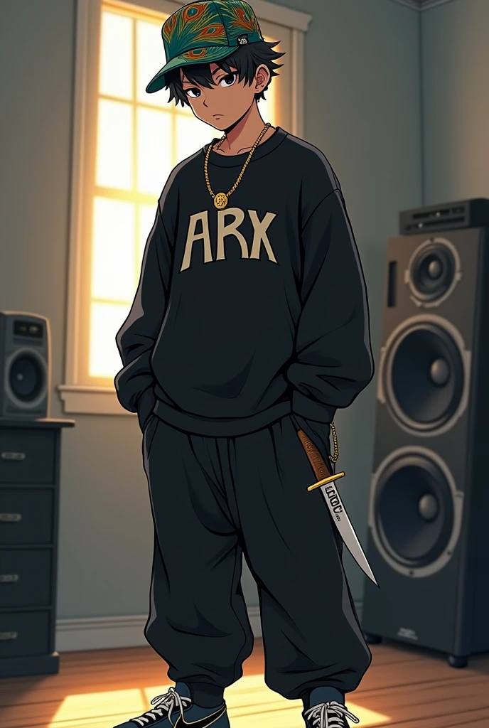 teenager man, Hip hop style head cap with peacock print, black eyes, standing in a room with grey walls with black furniture and bright lights, slave chain with the initial Arx in gold, Loose black sweatshirt with a print in the center written ARX in white, long black pants and Nike sports shoes, interior, soft light, close relaxed pose, with a knife that says ANGEL on the handle, In the background a music system, anime realist, warm colors, by Greg Rutkowski, by Alphonse Mucha, from the waist up.
