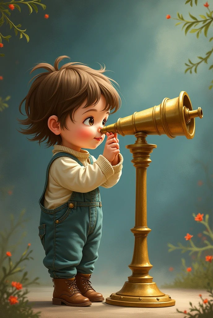 Drawing of a man of about 2 with an old telescope that can see good and evil