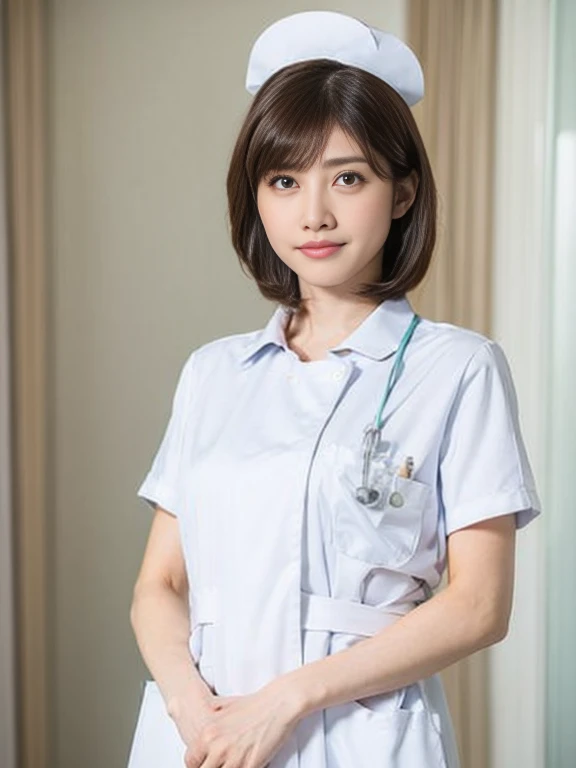 woman, alone, (Wearing white nurse clothes:1.2), Shortcuts, Bobcut, nurse, Perfect Anatomy, nurse uniform, (Nurse cap), (White costume), Long skirt, hospital, Face close-up,