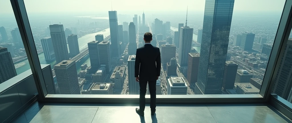 High-quality photograph of a вид с крыши небоскрёба. First person view of a man standing on the edge of a roof. 