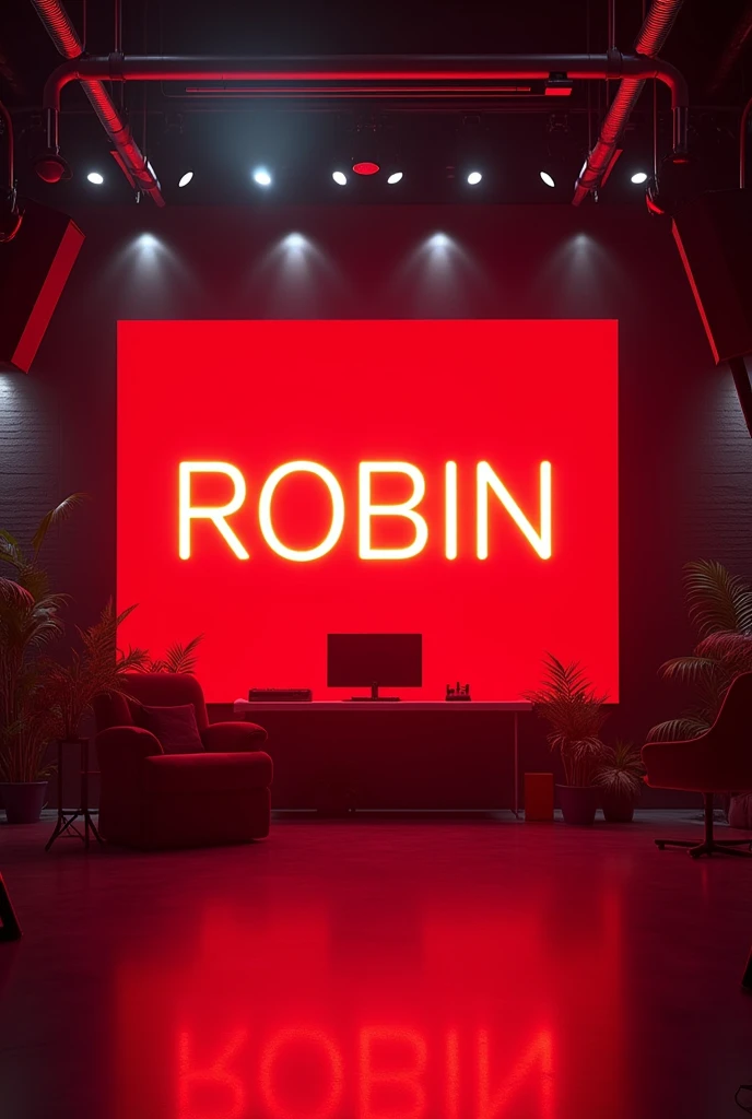 creat an image of YouTube studio room with a subtle neon red board with statement in bold "Robin" . make sure that none of the letters in the text is misspelled .