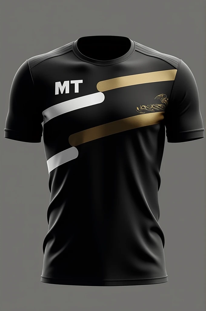 A team shirt in black with white and grey and some gold details with the word MT 01 written on it, on the left side of the shirt, an original model