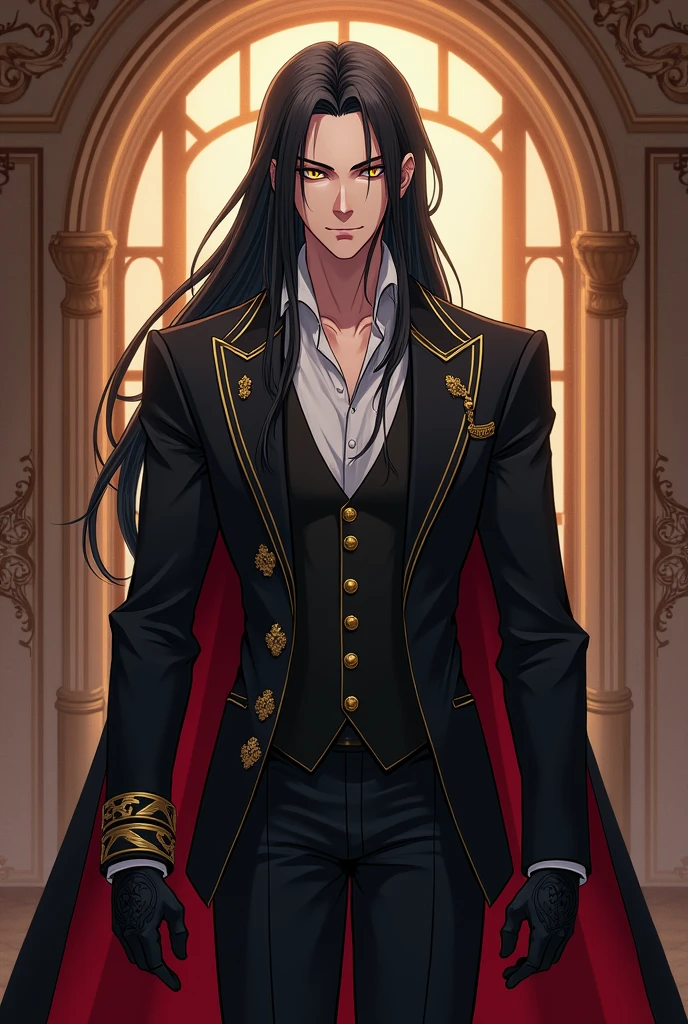 Create an anime style image of my character: It&#39;s called Dahak, lives on earth. stomach 1.97, Her hair is black and long to her waist. Her skin is white with pink undertones.. His eyes are golden and his pupils are slanted like those of a feline.. He is 2. His body type is inverted triangle. (shoulders wider than hips), Your somatotype is mesomorphic. he is muscular y fuerte. He has a serious and attractive expression.. He is dressed in an elegant black suit with gold details., and a yellow vest. His jacket has a gold chain clasp.. It has no horns or wings.. He has black leather gloves on his hands.. She has bushy eyebrows and thick, beautiful eyelashes.. He is very handsome. And it&#39;s in his 1800&#39;s Victorian style mansion. He looks handsome. And his features are pretty and masculine. he is muscular
