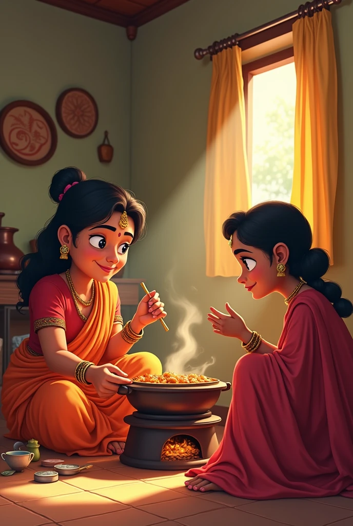 Creat cenematic cartoon style "Scene 2: Inside their cozy home
Background: A modest interior with a traditional Indian kitchen. There is a clay stove with pots and pans. The walls are adorned with simple decorations, and a small window lets in sunlight.
Action:
The Saas is cooking a meal, looking at the Bahu with a loving expression.
The Bahu is sitting nearby, with a disinterested look, glancing at her jewelry or money.