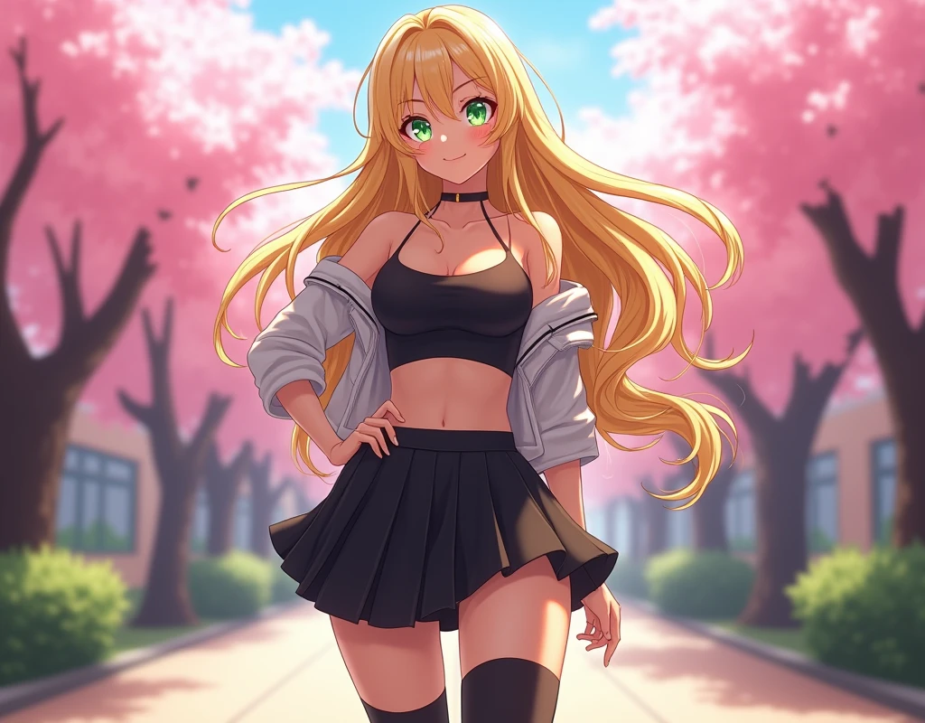 2.5D Masterpiece Anime. A 22-year-old female college student. Long, wavy golden blonde hair with exaggerated flow and shine, large emerald green eyes with stylized reflections and long lashes, full lips in a coy smile. Anime-styled beautiful face with a slender nose and defined jawline. Curvy figure with 34D breasts, emphasized by a form-fitting top and fashionable short jacket. Trendy, slightly provocative college outfit including a pleated skirt and thigh-high socks. Standing confidently with one hand on hip, other hand playing with a strand of hair. Background shows a stylized university campus with cherry blossom trees in full bloom.