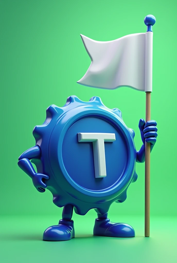 Create a mascot for a politician in the shape of a blue bottle cap as if he were a superhero with a T on his chest holding a white flag, running for mayor, with green background
