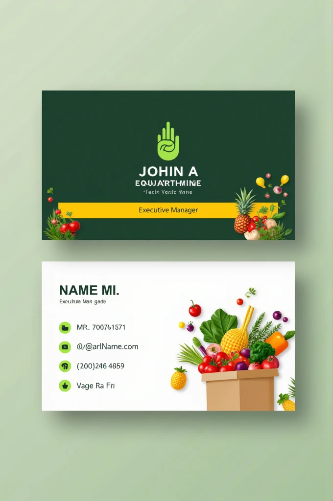 Design a modern, professional business card for a fruit and vegetable company. The card should have a two-sided layout. On the front side, use a dark green background with a bold yellow stripe in the center. Include the company logo (a stylized hand holding a leaf) on the left side and place the company name in uppercase bold letters next to the logo. Surround the text with small illustrations of fresh vegetables and fruits, such as pineapples, onions, and cherry tomatoes.
On the back side, use a clean white background. Include the name 'MR. YOUR NAME' in large, bold letters at the top, followed by the title 'Executive Manager' in a smaller font below. Display the contact information in a neat, left-aligned column including an address, email, phone number, and website. Add a colorful illustration of various vegetables and fruits spilling out of a paper bag on the right side of the card. Use modern, legible fonts and ensure all elements are high-resolution."