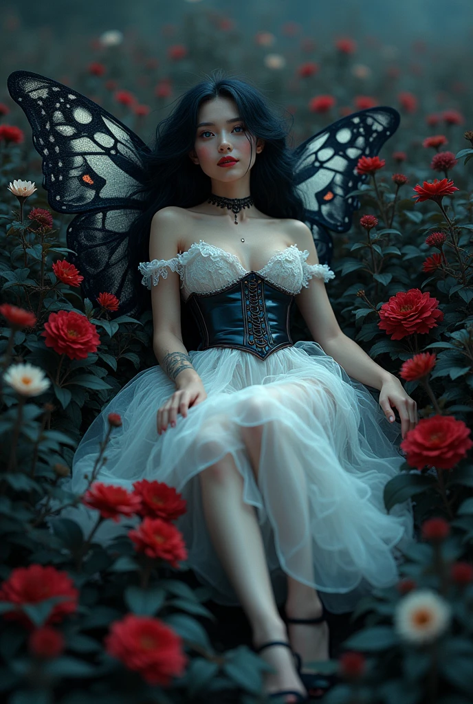 high details, best quality, 16k, RAW, [best detailed], masterpiece, best quality, (extremely detailed), full body, ultra wide shot, photorealistic, dark fantasy art, goth art, RPG art, D&D art, a picture of a dark female fairy resting in a flower meadow, extremely beautiful fairy, ultra feminine (intense details, Masterpiece, best quality), best detailed face (intense details, Masterpiece, best quality), having wide butterfly wings, spread butterfly wings (intense details, Masterpiece, best quality), dark colors wings (intense details, Masterpiece, best quality), black hair, long hair, shinning hair, flowing hair, shy smile, innocent smile, blue eyes, dark red lips, wearing ((white: 1.5)) lace dress (intense details, Masterpiece, best quality), ((white lace: 1.5)) corset (intense details, Masterpiece, best quality), dynamic elegant shirt, chocker, wearing high heels, in dark colored flower meadow (intense details, Masterpiece, best quality), (red flowers: 1.2) , (black flowers: 1.2), (white flowers: 1.2), (blue flowers: 1.3) [extreme many flowers] (intense details, Masterpiece, best quality), dark colorful flowers (intense details, Masterpiece, best quality), flower meadow in a dark goth field background, dim light, cinematic light, High Detail, Ultra High Quality, High Resolution, 16K Resolution, Ultra HD Pictures, 3D rendering Ultra Realistic, Clear Details, Realistic Detail, Ultra High Definition, lace drawing, betmd, DonMF41ryW1ng5XL
