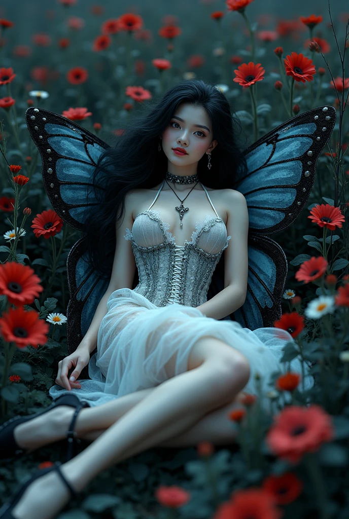 high details, best quality, 16k, RAW, [best detailed], masterpiece, best quality, (extremely detailed), full body, ultra wide shot, photorealistic, dark fantasy art, goth art, RPG art, D&D art, a picture of a dark female fairy resting in a flower meadow, extremely beautiful fairy, ultra feminine (intense details, Masterpiece, best quality), best detailed face (intense details, Masterpiece, best quality), having wide butterfly wings, spread butterfly wings (intense details, Masterpiece, best quality), dark colors wings (intense details, Masterpiece, best quality), black hair, long hair, shinning hair, flowing hair, shy smile, innocent smile, blue eyes, dark red lips, wearing ((white: 1.5)) lace dress (intense details, Masterpiece, best quality), ((white lace: 1.5)) corset (intense details, Masterpiece, best quality), dynamic elegant shirt, chocker, wearing high heels, in dark colored flower meadow (intense details, Masterpiece, best quality), (red flowers: 1.2) , (black flowers: 1.2), (white flowers: 1.2), (blue flowers: 1.3) [extreme many flowers] (intense details, Masterpiece, best quality), dark colorful flowers (intense details, Masterpiece, best quality), flower meadow in a dark goth field background, dim light, cinematic light, High Detail, Ultra High Quality, High Resolution, 16K Resolution, Ultra HD Pictures, 3D rendering Ultra Realistic, Clear Details, Realistic Detail, Ultra High Definition, lace drawing, betmd, DonMF41ryW1ng5XL
