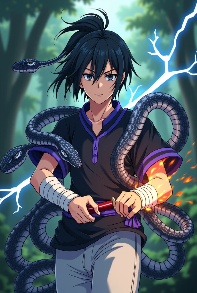 Create a high-quality, full-body image of Sasuke Uchiha from the Naruto series, depicted with a snake coiled around his body. Sasuke is in a powerful and poised stance, showcasing his athletic build and strong, defined muscles. He is wearing his traditional outfit from the Shippuden era, which includes a dark high-collared shirt, white pants, and a purple rope belt tied in a bow around his waist.
His Sharingan eyes are activated, with the distinctive red and black pattern clearly visible, adding an intense and determined expression to his face. The snake, which could be a large serpent like Manda, is intricately detailed with realistic scales and a menacing yet protective posture as it wraps around Sasuke’s torso and arms.
The background is a deep, rich purple, with subtle gradients and textures that add depth and intensity to the scene. The lighting should be dramatic, with highlights that accentuate Sasuke’s features and the texture of the snake’s scales. Shadows should be used effectively to add a sense of mystery and danger.
Sasuke’s anatomy should be well-defined and realistic, with attention to the musculature and proportions of his body. His pose should be dynamic, perhaps with one arm extended and the other resting on the snake, showcasing his control and connection with the serpent. His hair is tousled and slightly windswept, adding to the dynamic feel of the image.
The overall style should be highly detailed and refined, with a focus on realism and the dramatic, intense atmosphere. The textures of his clothing, the snake’s scales, and the background should all be rendered meticulously to emphasize the high quality of the image.