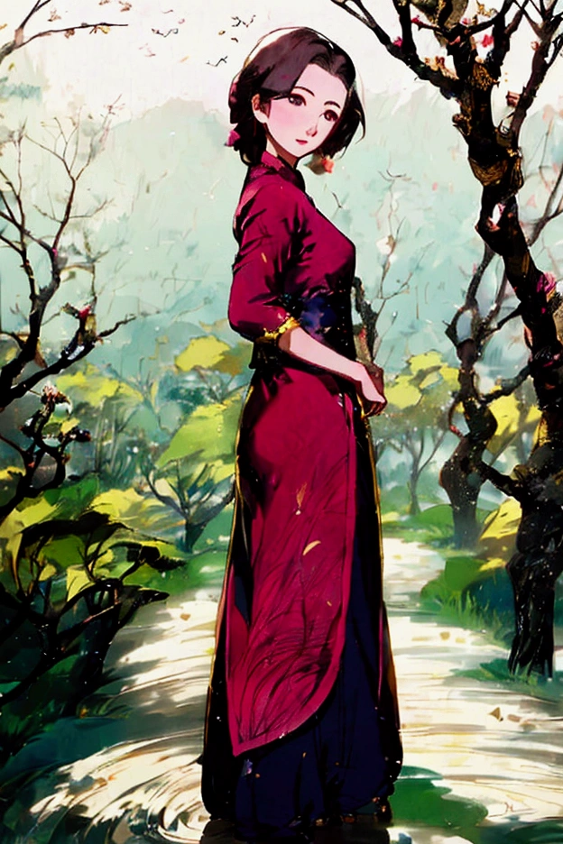 Young woman. One hand on the waist. The other hand was throwing gold coins. She is wearing a cheongsam. She is standing on the left side of the picture, behind her is a willow tree. Next to the tree is an old house.

