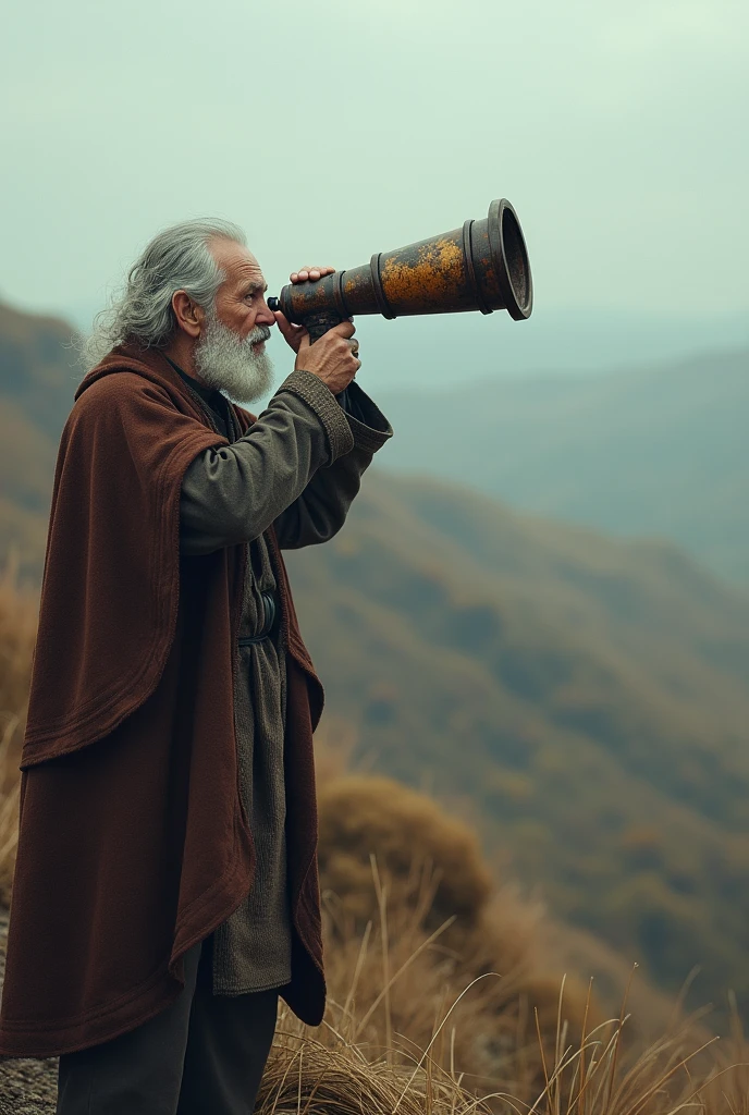 a man of about 2 with an old telescope that can see good and evil