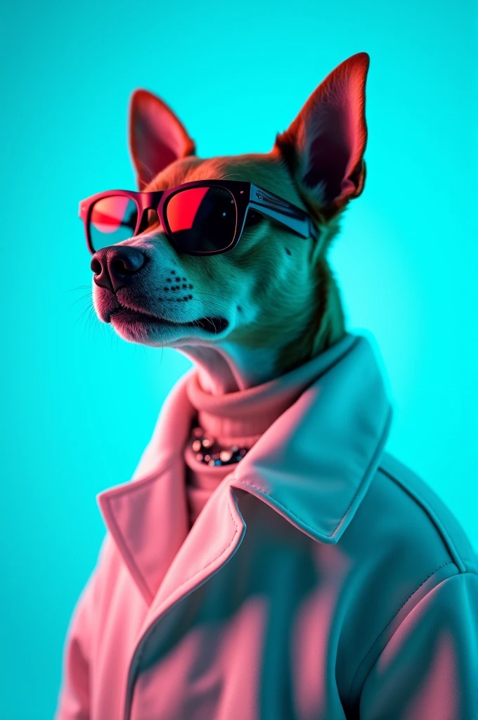 The best cell phone wallpaper, Award-Winning Wallpaper, portrait photography, In the front view is a portrait of a cute dog wearing mid-1960s space age fashion, Side view photo, Shot with Canon EOS R5, Set a strong contrast that accentuates the subject, Fluorescent blue tone, Wearing a very modern coat and sunglasses is a modern 1960s style, Clothes all in one color, beautiful background