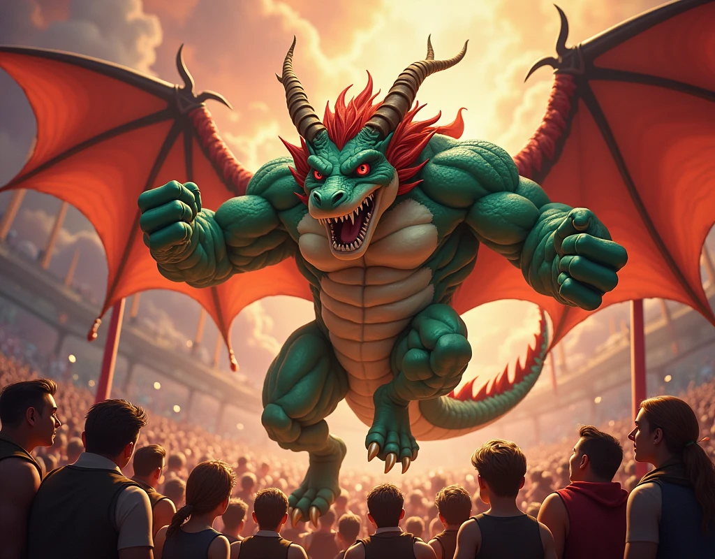 a dragonfolk using his strengh to lifting grandstand of people using his muscles in a cartoony fantasy world, circus presentation, whimsical, colorful, vibrant, dynamic poses, expressive characters, fantastical elements, magical atmosphere, exaggerated proportions, dynamic lighting, warm color palette, detailed textures, intricate background, sense of wonder and excitement, high quality, 8k, masterpiece, hyperrealistic