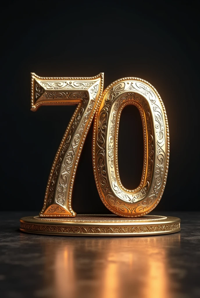 Make me the animated number 70 birthday decorated in retro style, and 3d and 4k, in black colors, silver and gold, That this number, be very creative, and eye-catching, it has a lot of impact and draws a lot of attention. The number must be facing forward. The number must have a vectorized design style