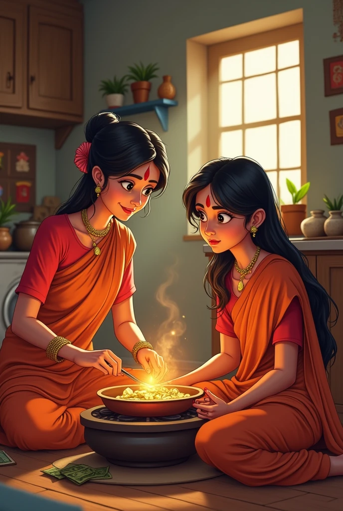 Creat cenematic cartoon style "Scene 2: Inside their cozy home
Background: A modest interior with a traditional Indian kitchen. There is a clay stove with pots and pans. The walls are adorned with simple decorations, and a small window lets in sunlight.
Action:
The Saas is cooking a meal, looking at the Bahu with a loving expression.
The Bahu is sitting nearby, with a disinterested look, glancing at her jewelry or money.
